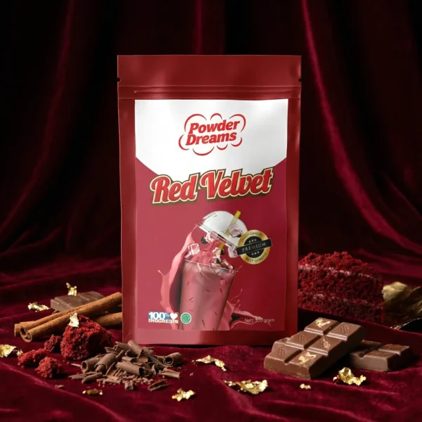 jasa desain kemasan produk bubuk minuman red velvet